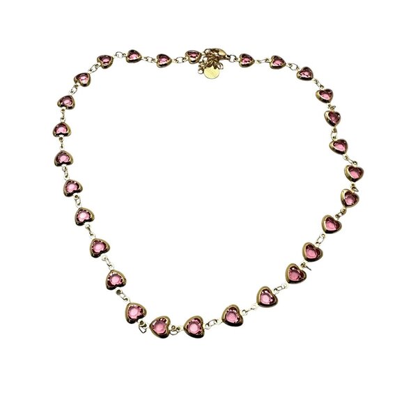 Womens Pink Crystal Heart Gold Plated Choker Necklace 16 to 18 Inch New - Picture 2 of 3